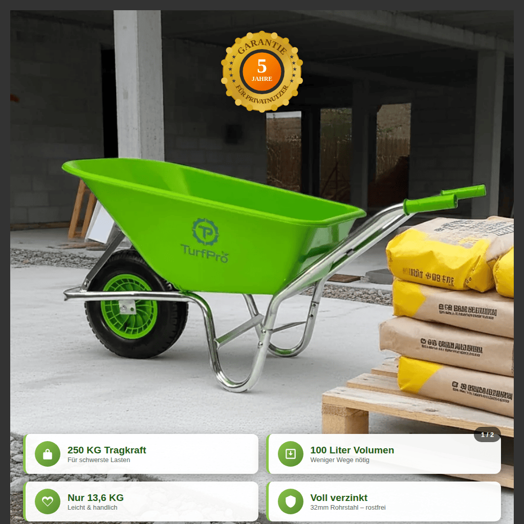 TURFPRO Gartengeräte Schubkarre, limettengrünes luftbereiftes Gestell, 100 l, 250 kg, langlebig für nachhaltigen Transport