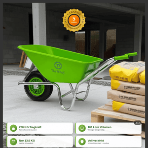 TURFPRO Gartengeräte Schubkarre, limettengrünes luftbereiftes Gestell, 100 l, 250 kg, langlebig für nachhaltigen Transport