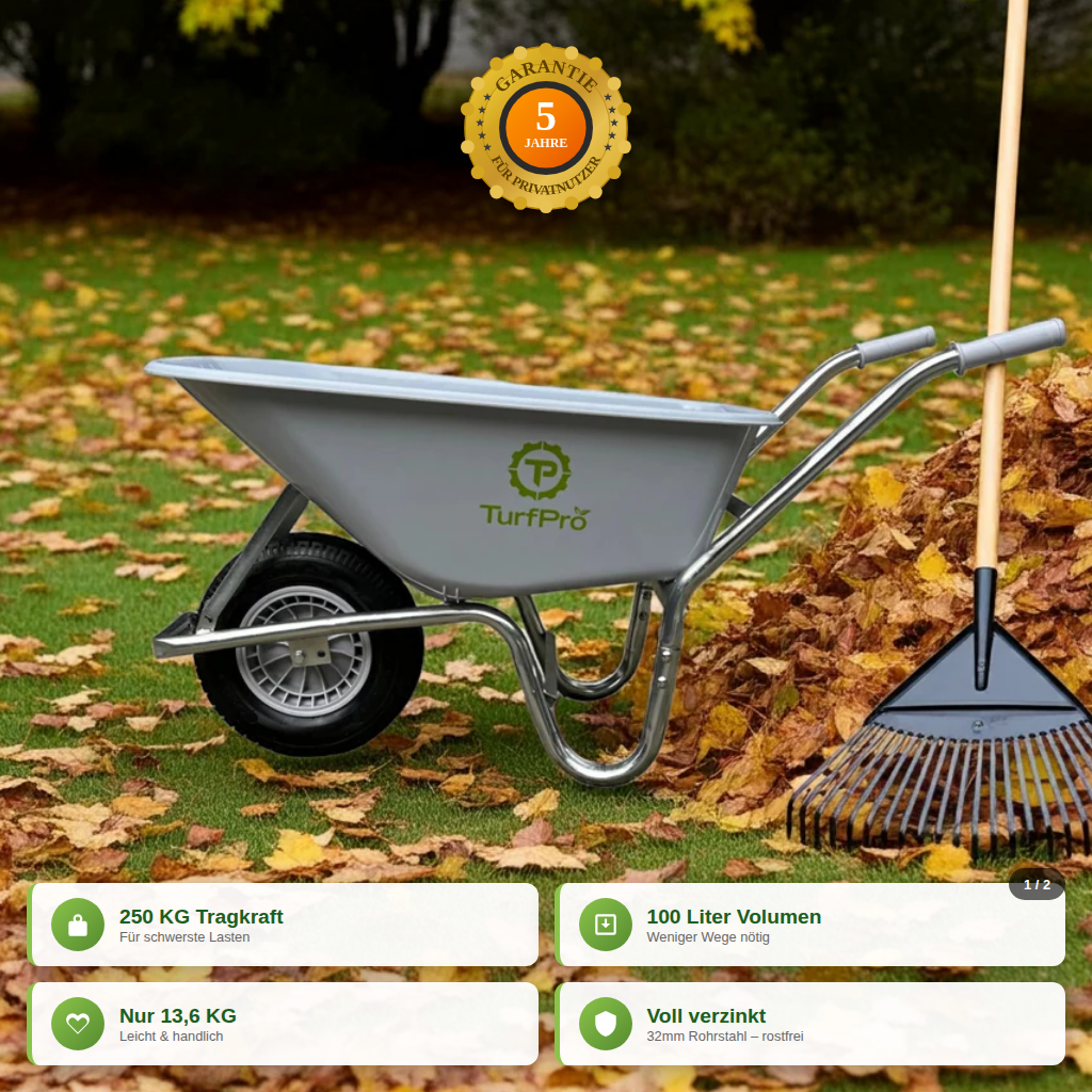 TURFPRO Schubkarre aus limettengrünem Gartengeräte, luftbereift, 100 l, 250 kg, nachhaltiger Transport, 5 Jahre Garantie