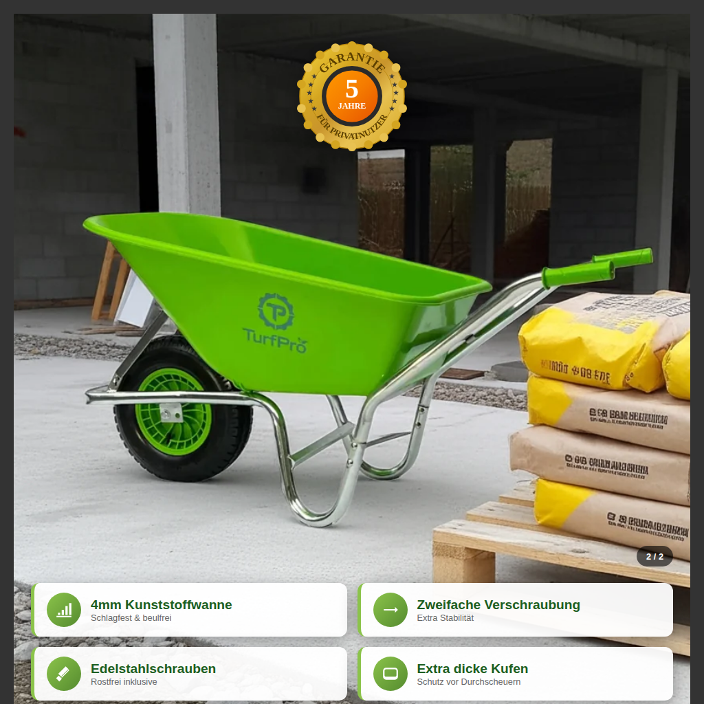 TURFPRO Schubkarre, leicht und strapazierfähig, 5 Jahre Garantie, B-Ware